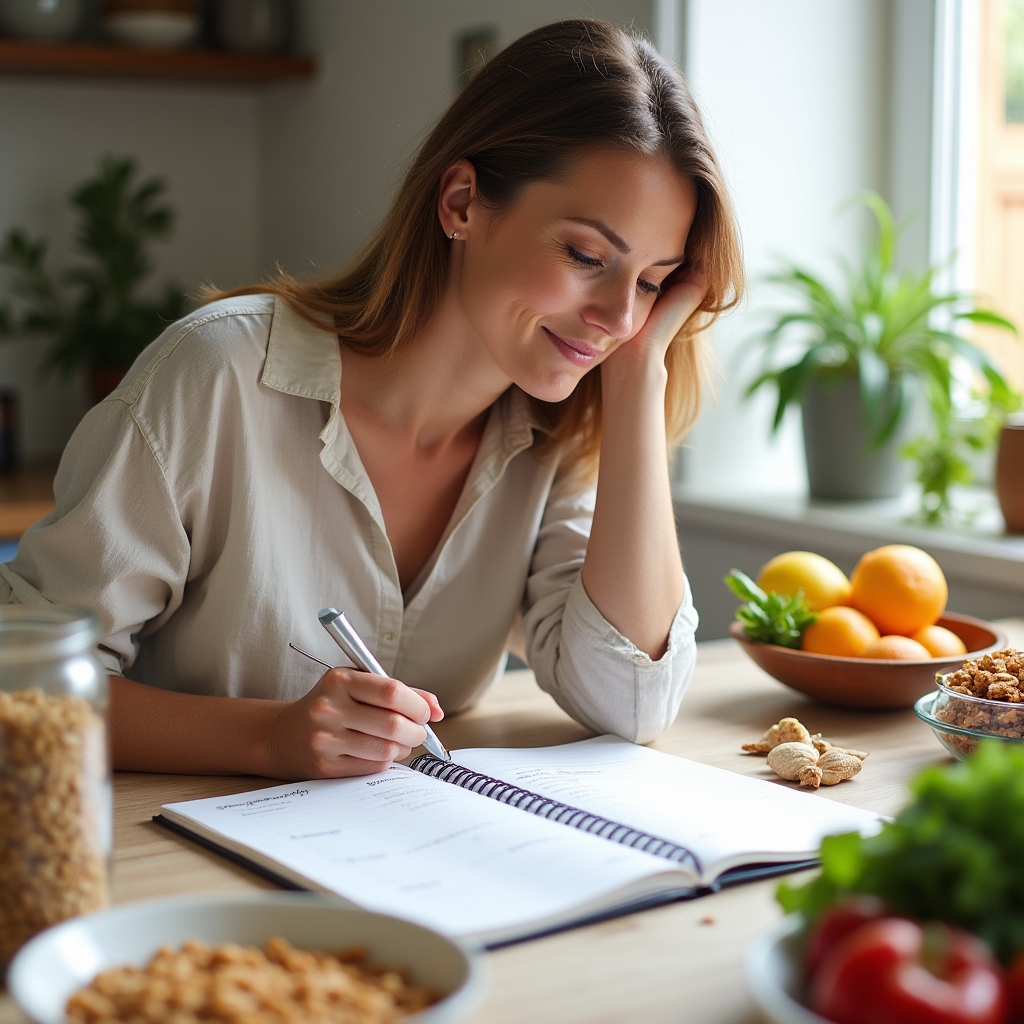 Weekly meal plan laid out on a wooden table with colorful ingredients and a notebook, showing organized nutrition planning in a bright kitchen
