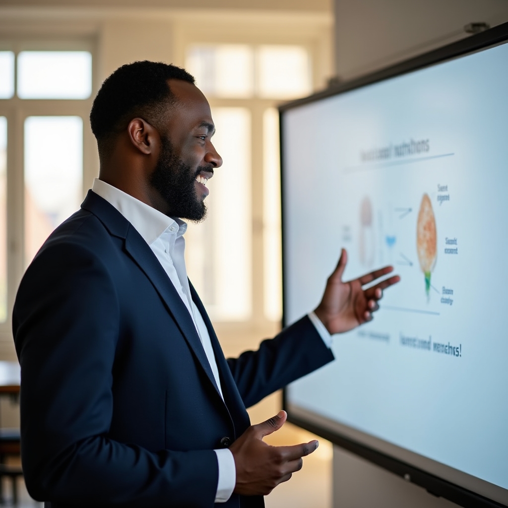 A wellness educator in their mid-forties presenting educational content on a screen in a bright modern space, engaged and approachable