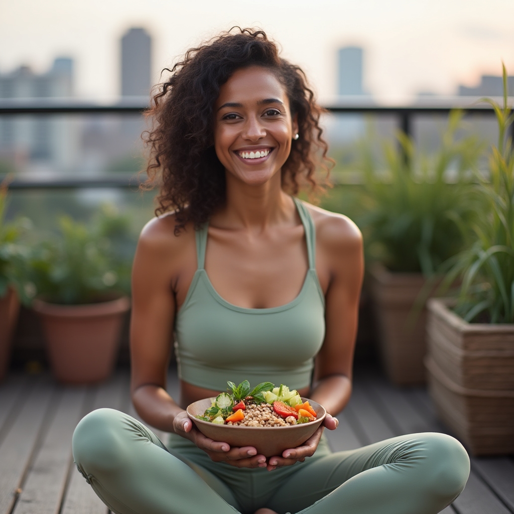 Person sitting in a peaceful outdoor setting with a nutritious meal after a workout, natural light filtering through trees