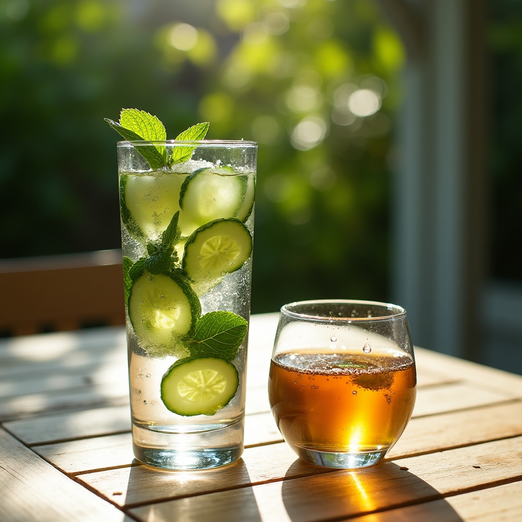 Clear glass of water with cucumber slices and mint leaves on an outdoor terrace table with soft natural lighting