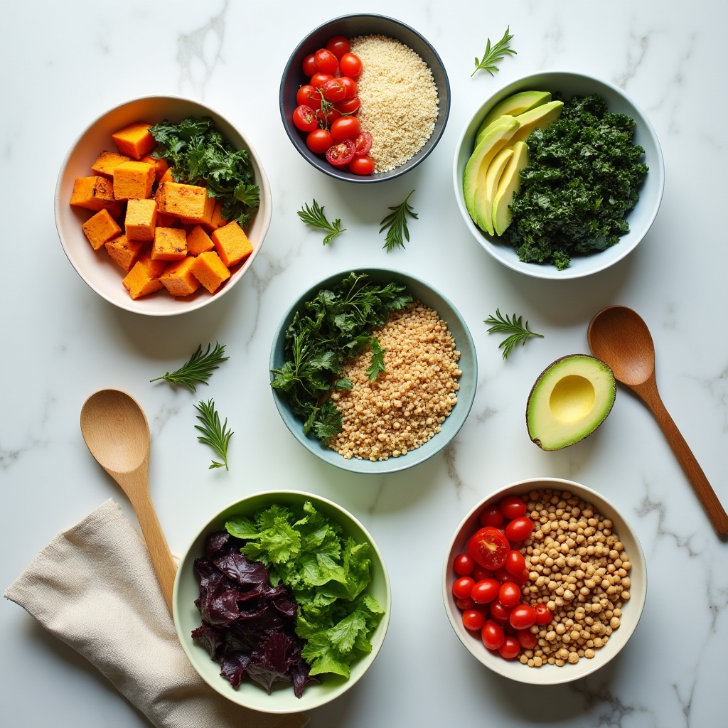 Colorful meal prep bowls with grains, vegetables, and proteins arranged on a kitchen counter