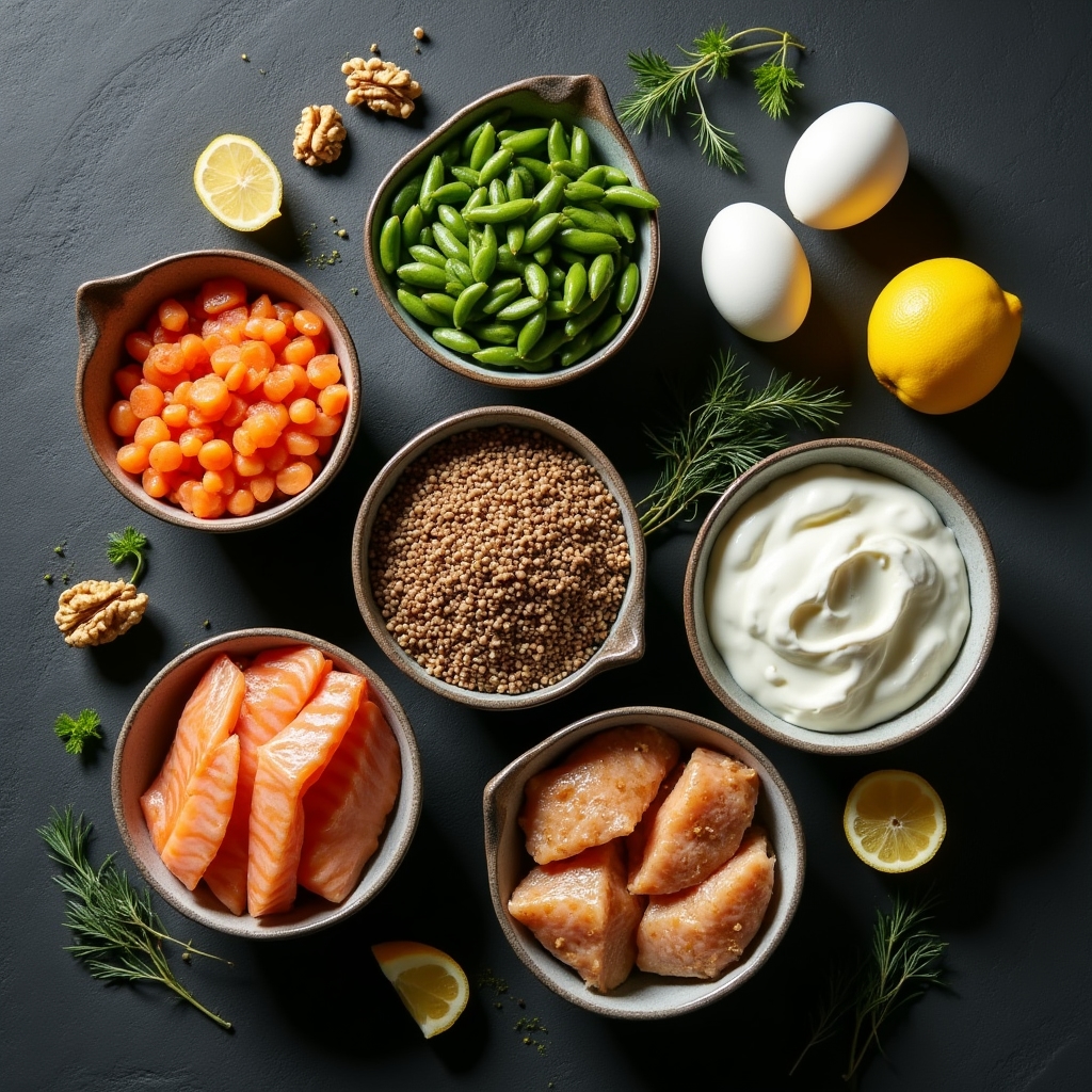 Overhead shot of diverse protein-rich foods including legumes, eggs, fish, and nuts arranged in small bowls on a slate surface
